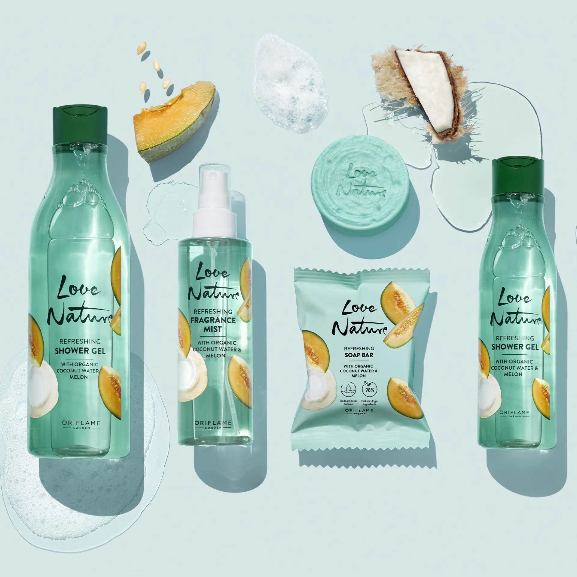Gel de Duche Refrescante com Água de Coco e Melão Biológicos Love Nature 500 ml.