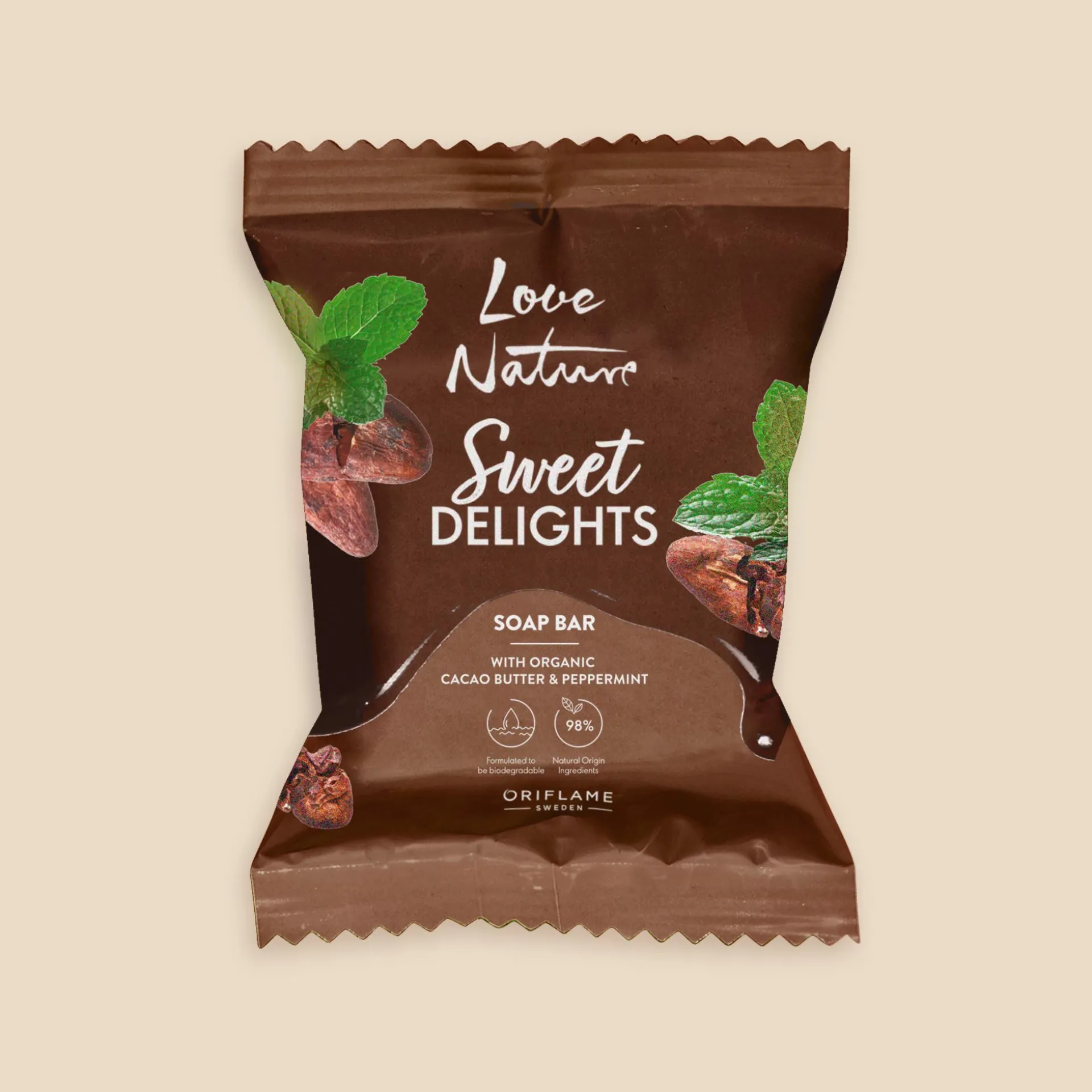 Sabonete com Manteiga de Cacau e Menta Biológicas Sweet Delights Love Nature 75 g.