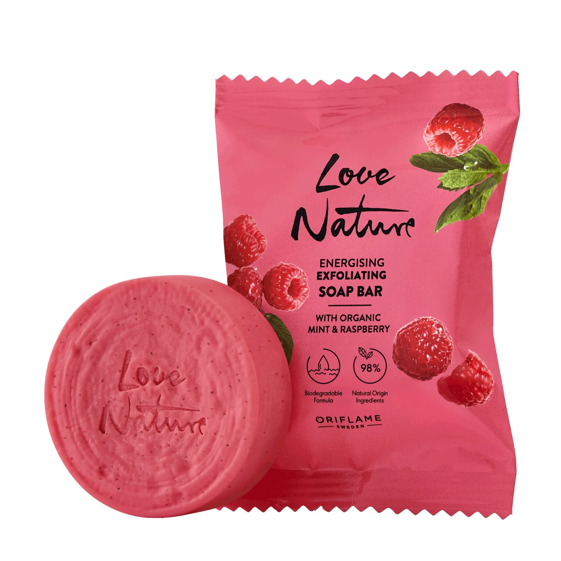 Sabonete Esfoliante e Energizante com Menta e Framboesa Biológicos Love Nature 75 g.